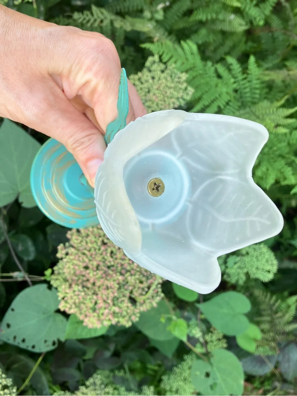Vintage Pair of Frosted Glass Tulip Candle Holders w/ Turquoise Metal Stems